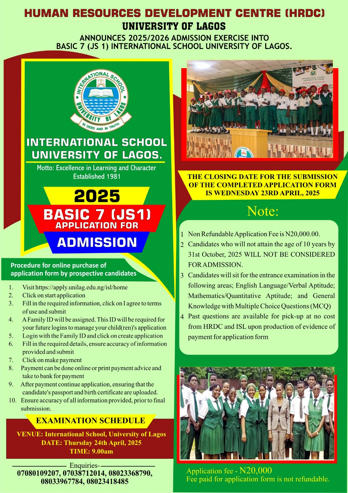 Human Resources Development Centre (HRDC) University of Lagos Announces Sales of 2024/2025 Admission into Basic 7 (JS1) International School University of Lagos.